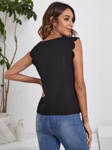SHEIN Top ribete en abanico de cuello con abertura - Negro - Ver 2