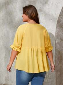 SHEIN VCAY Plus Solid Puff Sleeve Tie Neck Blouse - Yellow - View 2