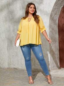 SHEIN VCAY Plus Solid Puff Sleeve Tie Neck Blouse - Yellow - View 3