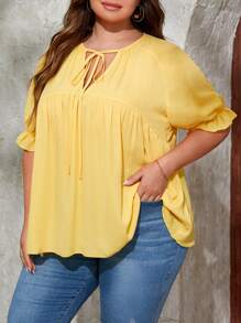 SHEIN VCAY Plus Solid Puff Sleeve Tie Neck Blouse - Yellow - View 4
