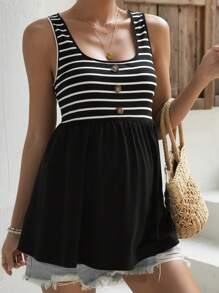 SHEIN Áo Tank & Camis Bà bầu Nút Viên lá sen Nút giả Sọc Giải trí - Đen và trắng - Xem 3