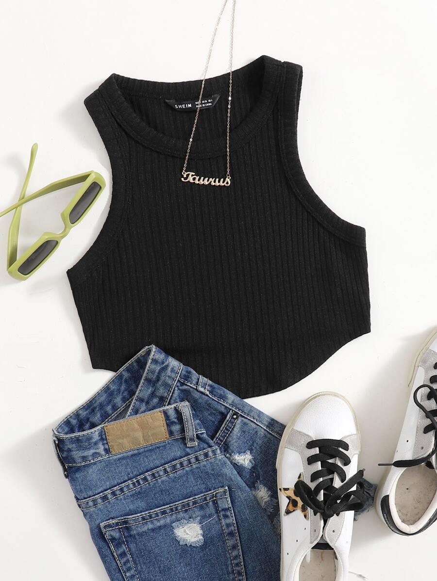 SHEIN EZwear Asymmetrical Hem Tank Top - Black - View 1