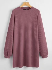 SHEIN LUNE Drop Shoulder Solid Waffle Knit Dress - Maroon - View 1