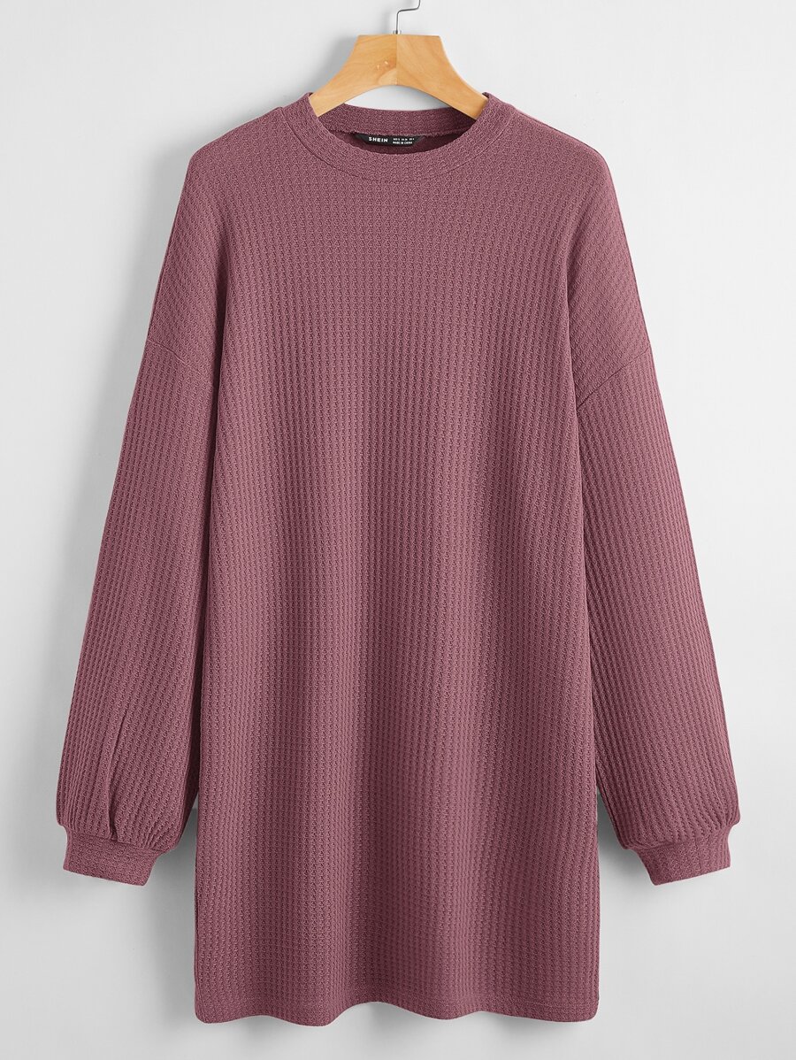SHEIN LUNE Drop Shoulder Solid Waffle Knit Dress - Maroon - View 1