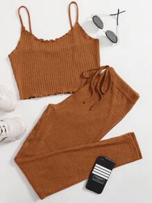 SHEIN EZwear Lettuce Edge Waffle Knit Cami Top & Leggings Set - Brown - View 1