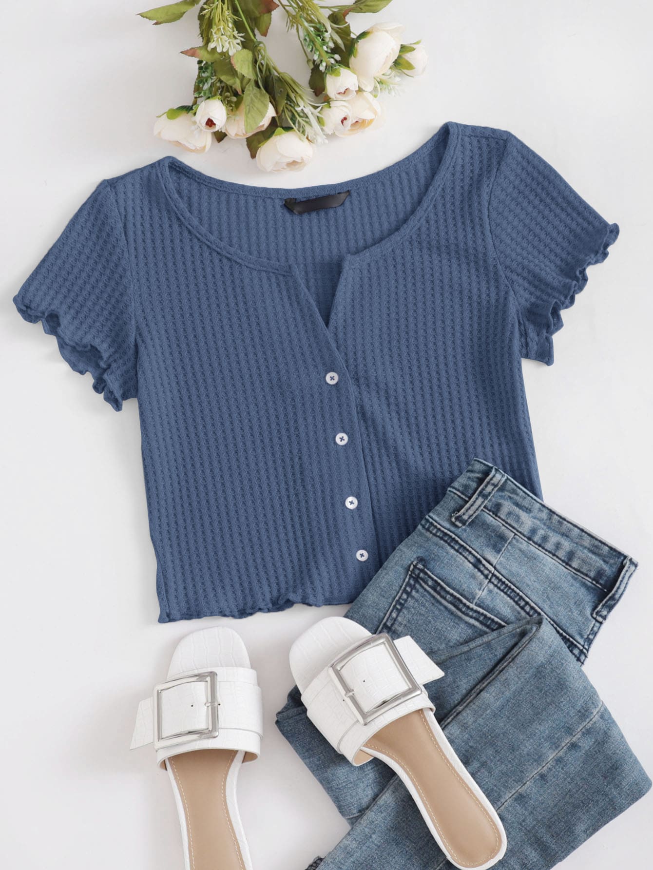 Muchica Lettuce Edge Button Front Waffle Knit Top - Dusty Blue - View 1