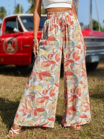 SHEIN VCAY Allover Plant Print Paperbag Waist Wide Leg Pants