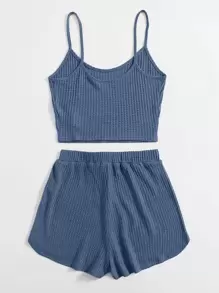 SHEIN EZwear 華夫格針織短版吊帶上衣和結飾腰短褲套裝 - 霧霾藍 - 查看 2