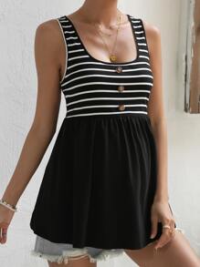 SHEIN Áo Tank & Camis Bà bầu Nút Viên lá sen Nút giả Sọc Giải trí - Đen và trắng - Xem 4