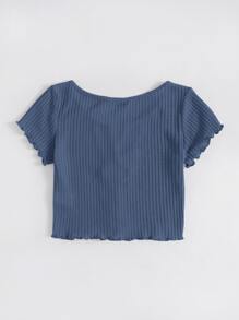 Muchica Lettuce Edge Button Front Waffle Knit Top - Dusty Blue - View 2
