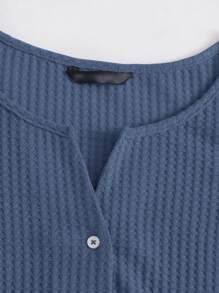Muchica Lettuce Edge Button Front Waffle Knit Top - Dusty Blue - View 4