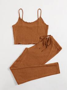 SHEIN EZwear Lettuce Edge Waffle Knit Cami Top & Leggings Set - Brown - View 4