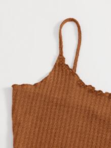 SHEIN EZwear Lettuce Edge Waffle Knit Cami Top & Leggings Set - Brown - View 5