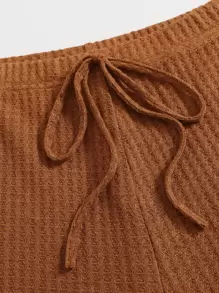 SHEIN EZwear Lettuce Edge Waffle Knit Cami Top & Leggings Set - Brown - View 6