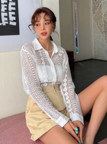 DAZY 纯色纽扣前开衬衫透明长袖上衣 - 白色 - 查看 8