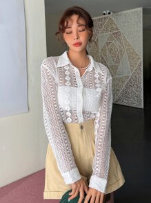 DAZY 纯色纽扣前开衬衫透明长袖上衣 - 白色 - 查看 7