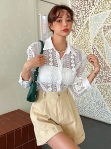 DAZY 纯色纽扣前开衬衫透明长袖上衣 - 白色 - 查看 10