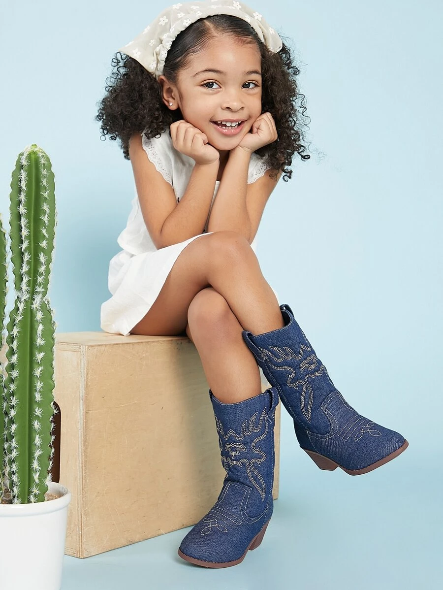 Girls Embroidered Denim Western Boots - Navy Blue - View 1