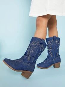 Girls Embroidered Denim Western Boots - Navy Blue - View 3
