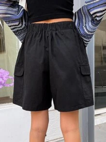DAZY 翻蓋口袋帶扣細節工裝短褲 - 黑色 - 查看 2