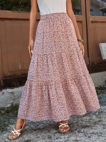 SHEIN VCAY 碎花荷葉邊半身裙 - 粉色 - 查看 3