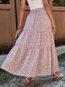 SHEIN VCAY 碎花荷葉邊半身裙 - 粉色 - 查看 2