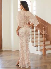 Missord Split Thigh Sequin Formal Dress - Apricot - View 2