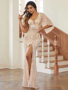 Missord Split Thigh Sequin Formal Dress - Apricot - View 5