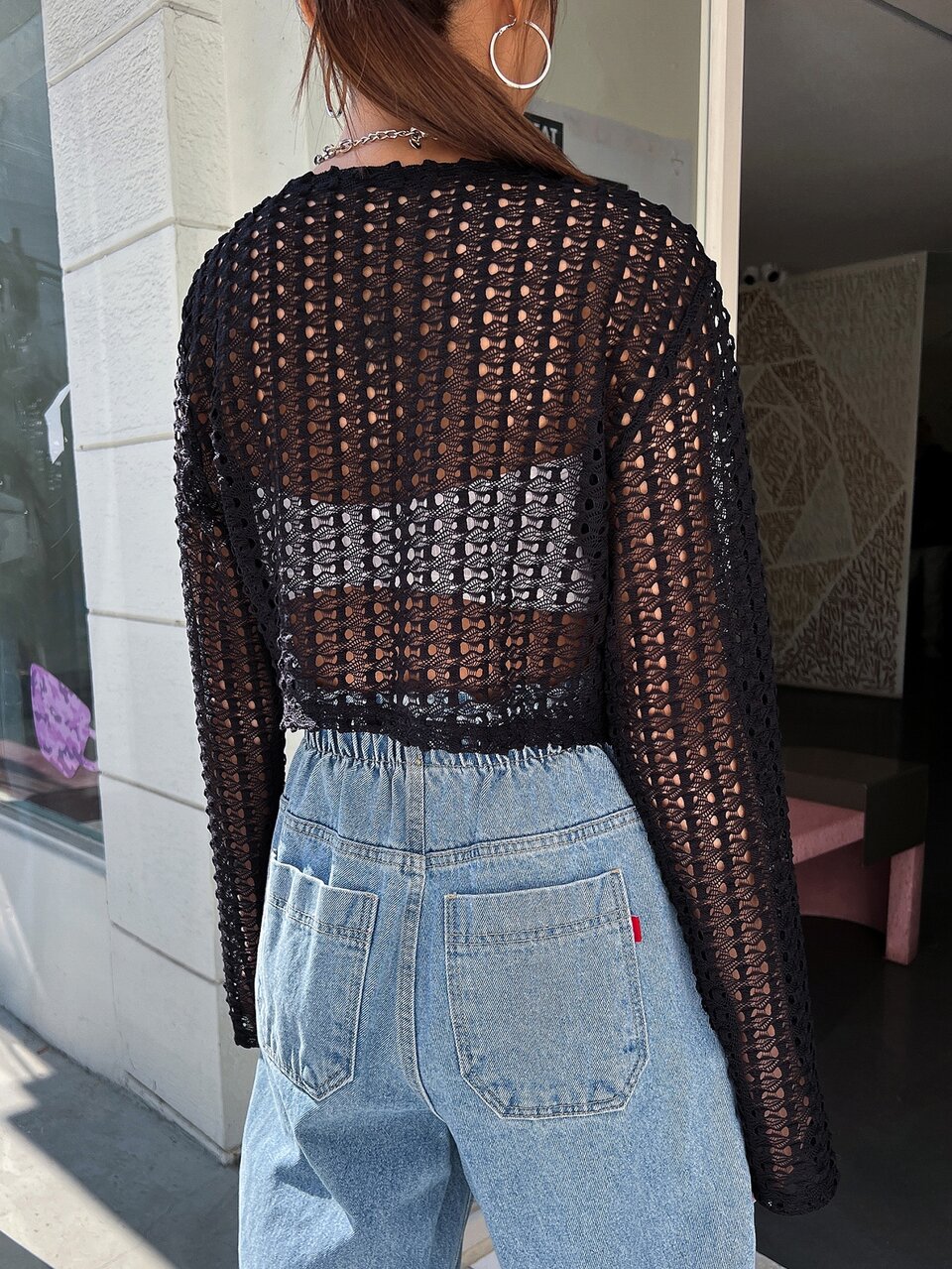 Hollow Out Crop Jacket Without Tank Top
