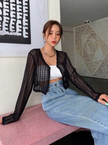 DAZY Hollow Out Crop Jacket Without Tank Top - Black - View 6