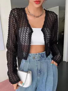 DAZY Hollow Out Crop Jacket Without Tank Top - Black - View 1