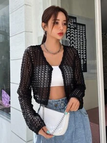 DAZY Hollow Out Crop Jacket Without Tank Top - Black - View 9