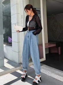 DAZY Hollow Out Crop Jacket Without Tank Top - Black - View 5