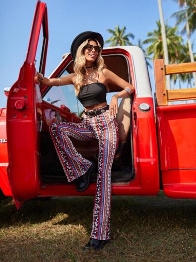 SHEIN VCAY Floral & Paisley Print Flare Leg Pants Without Belt