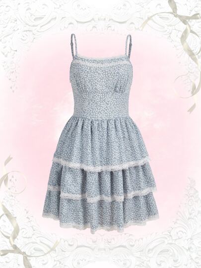 Ditsy Floral Contrast Lace Layered Hem Cami Dress