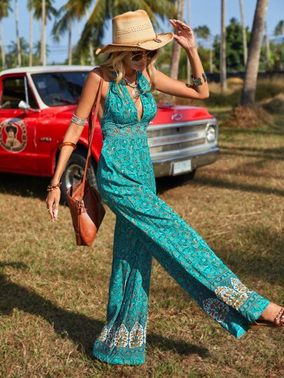 SHEIN VCAY Allover Floral Print Tie Backless Wide Leg Halter Jumpsuit