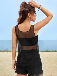 SHEIN EZwear 珍珠串珠透視網紗背心上衣 - 黑色 - 查看 3