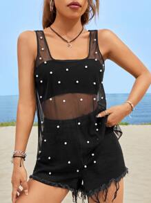 SHEIN EZwear 珍珠串珠透視網紗背心上衣 - 黑色 - 查看 4