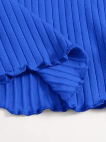 SHEIN EZwear 素色小褶邊羅紋針織T恤 - 寶藍色 - 查看 3
