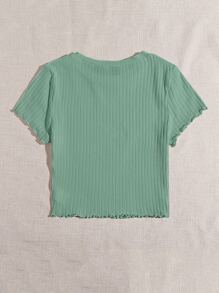 SHEIN EZwear 素色小褶邊羅紋針織T恤 - 綠色 - 查看 2