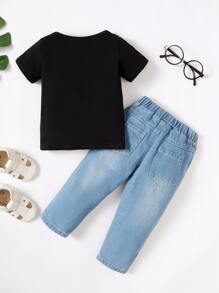 Baby Boy Slogan And Glasses Print Tee & Ripped Jeans - Multicolor - View 2