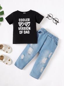 Baby Boy Slogan And Glasses Print Tee & Ripped Jeans - Multicolor - View 5