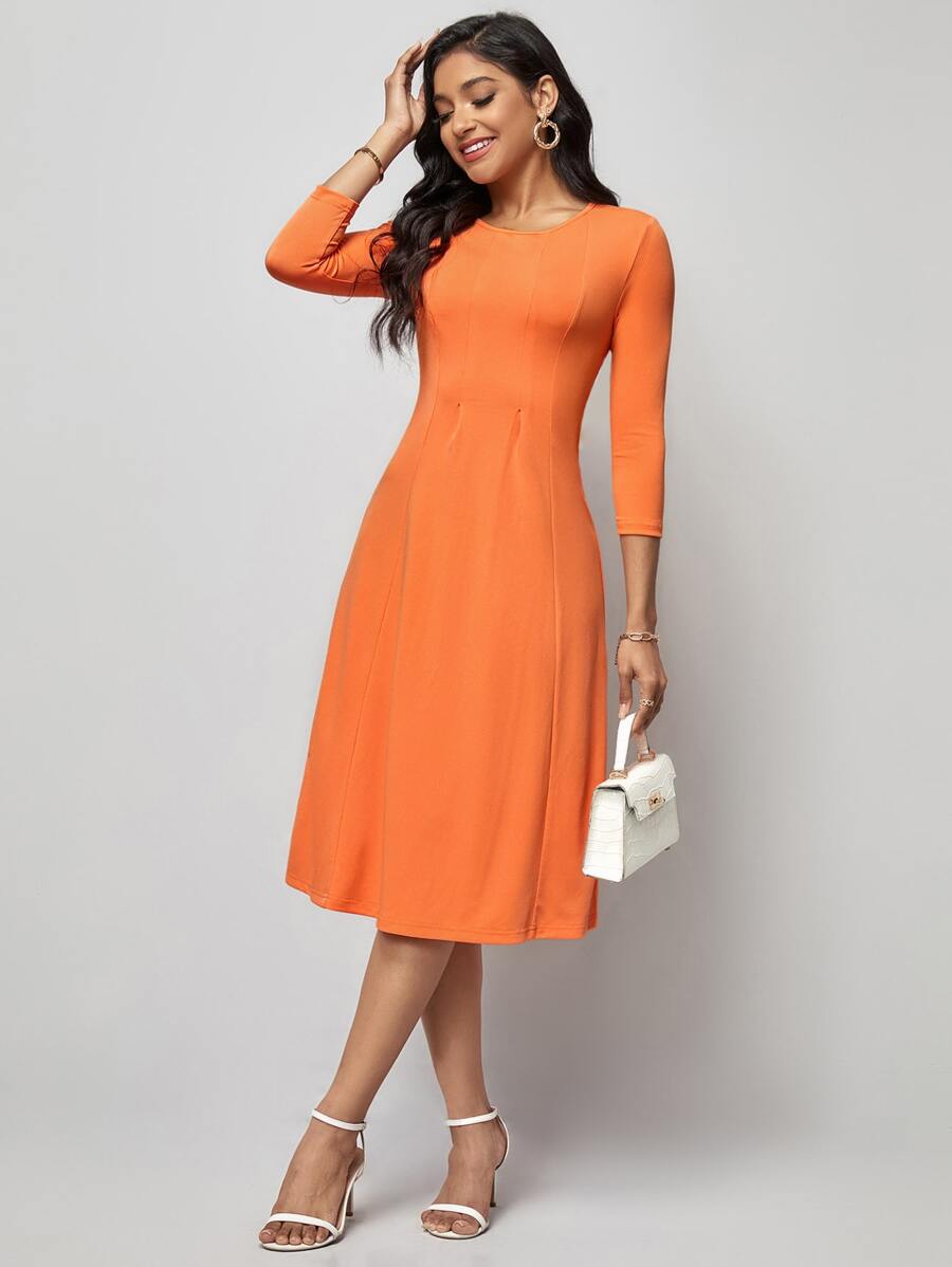 SHEIN Clasi Đầm Uốn nếp màu trơn Giải trí - trái cam - Xem 1