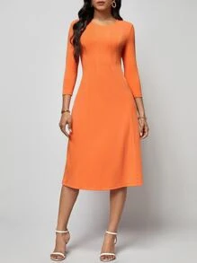 SHEIN Clasi Đầm Uốn nếp màu trơn Giải trí - trái cam - Xem 3