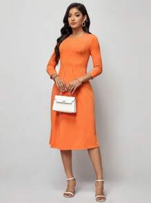 SHEIN Clasi Đầm Uốn nếp màu trơn Giải trí - trái cam - Xem 4