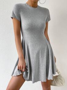 SHEIN EZwear Solid Round Neck Dress - Light Grey - View 3