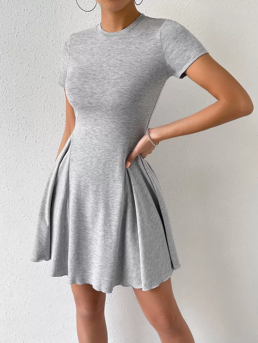 SHEIN EZwear Solid Round Neck Dress - Light Grey - View 1