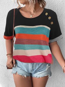 SHEIN LUNE 大碼撞色紐扣細節插肩袖T恤 - 彩色 - 查看 4