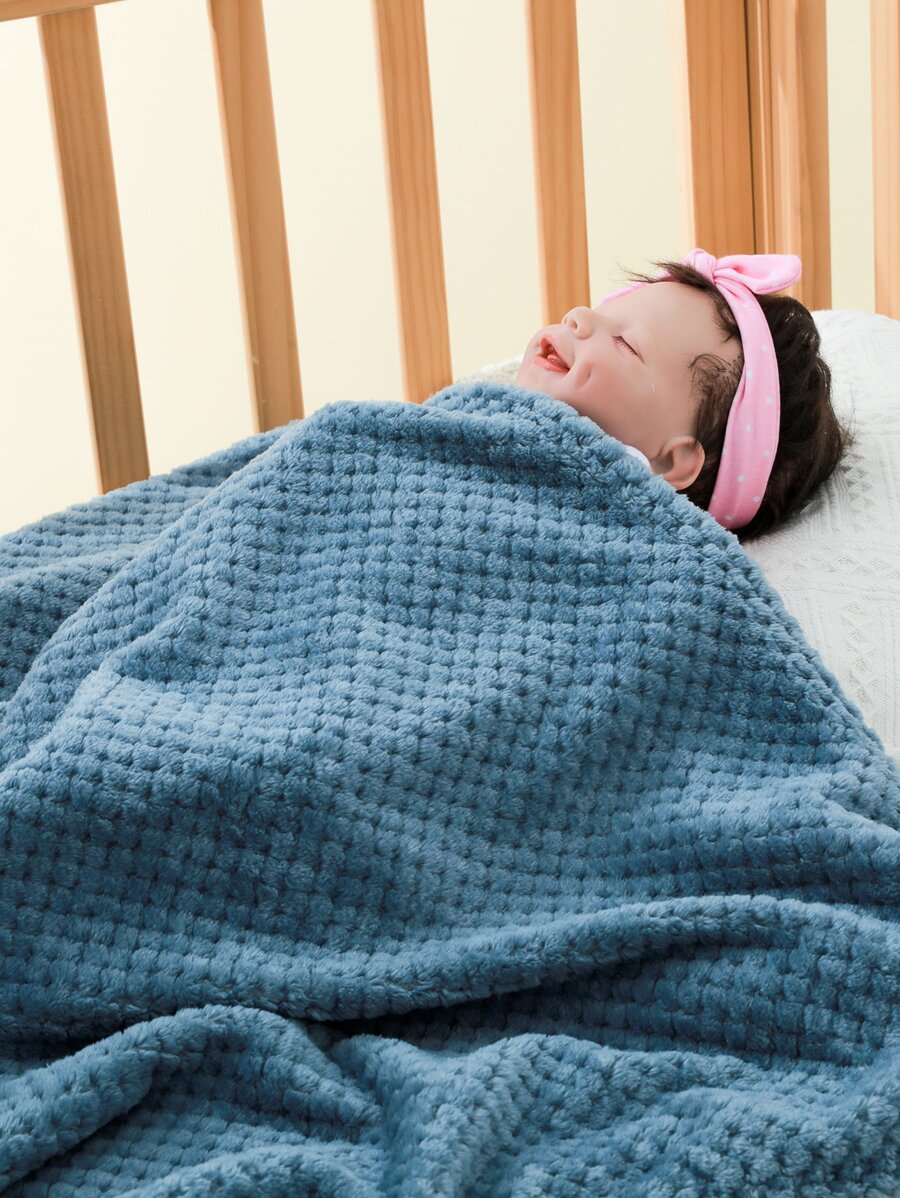 1pc Baby Solid Plush Swaddling Blanket - Blue - View 1