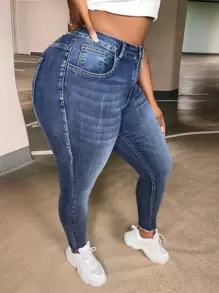 SHEIN EZwear 大碼斜口袋緊身牛仔褲 - 中等水洗藍 - 查看 6